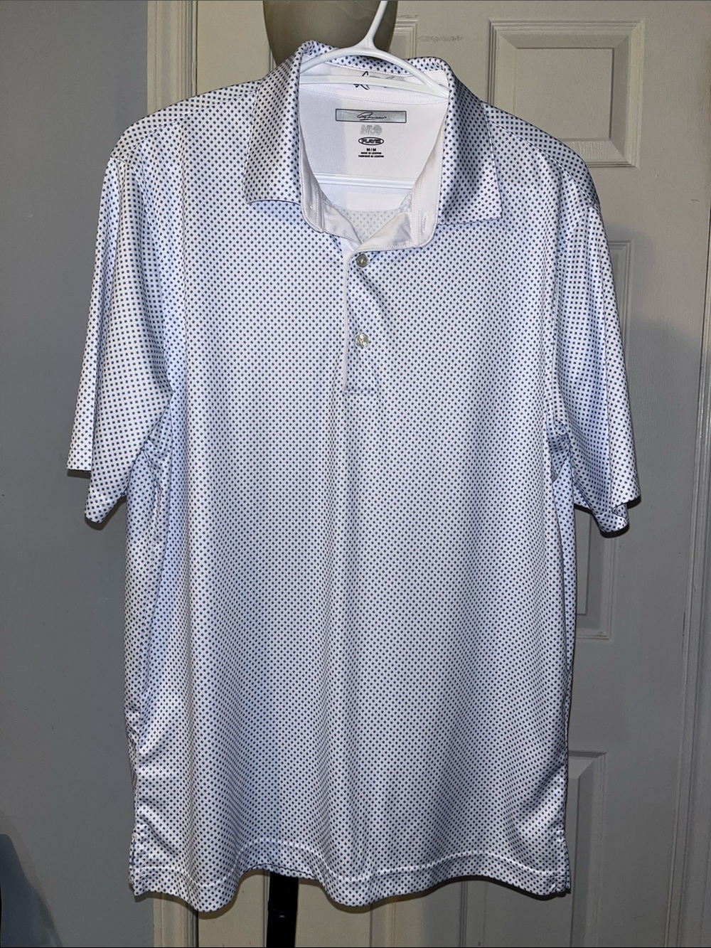 RHONE White Polo with Navy Micro-Dot Pattern
